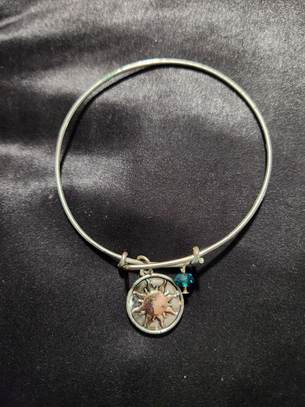 ​Celestial Sun Burst Charm Expandable Wire Bangle Bracelet Teal Crystal Accent